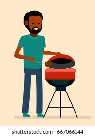 Man is cooking a barbecue grill. BBQ family party. Fry meat and sausages on fire. African American people. Vector illustration in a flat cartoon style