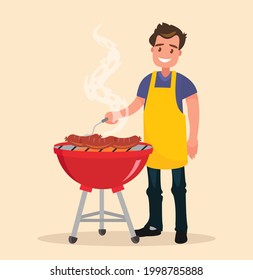Man is cooking a barbecue grill. Fry meat and sausages on fire. Vector illustration in flat style