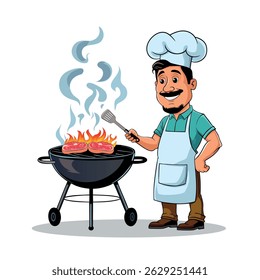 Man is cooking a barbecue grill. Fry meat and sausages on fire. Vector illustration.