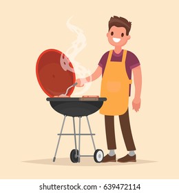 Man is cooking a barbecue grill. Fry meat and sausages on fire. Vector illustration in flat style