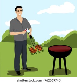 Man is cooking a barbecue grill. Fry meat and sausages on fire. Vector illustration in flat style