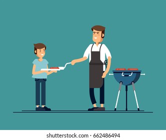 Man is cooking a barbecue grill with his son. Fry meat and sausages on fire. Vector illustration in flat style
