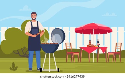Mann kocht Grill auf dem Hinterhof. BBQ Party. Fleisch und Gemüse im Freien grillen. Picknick im Hinterhof am Wochenende. Vektorgrafik