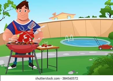Man cooking BBQ in the backyard, vector illustration.