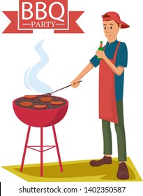 Man cooking bbq and drinking a beer