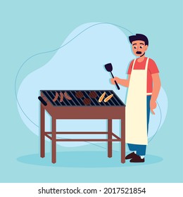 man cooking bbq with spatula cartoon