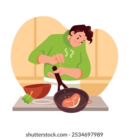 Hombre que cocina el filete de la carne en casa en la Ilustración vectorial de la sartén