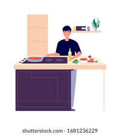 Man cooking breakfast. Guy on kitchen, frying or baking food. Student make eating vector illustration