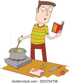 man cooking by using recipe book