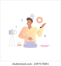 Man cooking cake. Flat style vector illustration isolated on white background.