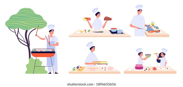 Man cooking. Culinary characters, bbq chef party. People and children eat, food preparation workshop. Picnic or restaurant service, healthy meal cook vector set