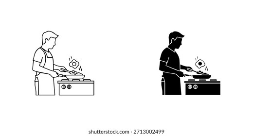 Man cooking egg in a pan on a stove, presented in both outline and silhouette styles