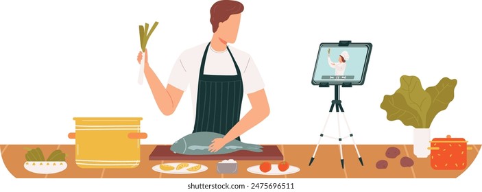 Man cooking fish live streaming tutorial, kitchen scene, online culinary class. Male chef prepares meal while filming viewers, modern cooking show concept. Cook teaches recipe, technology