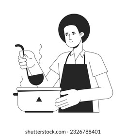 Hombre cocinando línea plana de carácter vector blanco negro. Esbozo editable medio cuerpo joven en la escala de tenencia. Actividad diaria simple cartografía ilustraciones puntuales aisladas para el diseño gráfico web