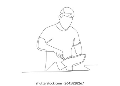 Man is cooking food. Everyday activities at home concept one-line drawing