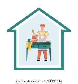 Man cooking food at home - house frame with cartoon person decorating cake while staying home in quarantine. Baking hobby vector illustration on white background.