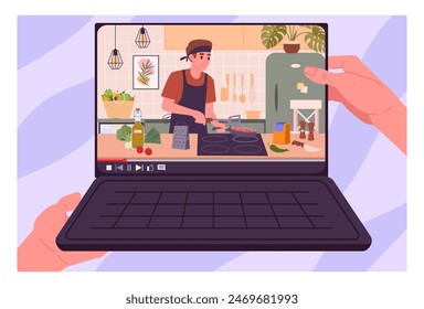 Mann kocht Essen online. Kochanleitung auf dem Laptop-Bildschirm, Speisen, die Video-Live-Stream-flache Vektorillustration zubereiten. Kulinarische Online-Show auf Notebook-Bildschirm