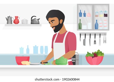 Man cooking food vector illustration. Cartoon young happy bearded male chef character in apron cooks vegetarian meal, cutting vegetables with knife in kitchen home room interior, culinary background