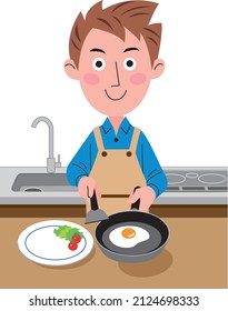Un hombre está cocinando (huevo frito) en la cocina.
