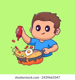 Man Cooking Fried Rice Cartoon Vector Icon Illustration. People Food Icon Concept Isolated Premium Vector. Flat Cartoon Style