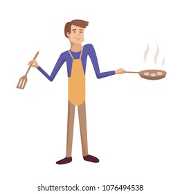 Man cooking frying on the kitchen wearing apron vector cartoon illustration