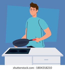 man cooking with frying pan in kitchen scene vector illustration design