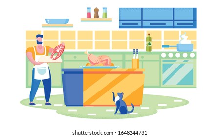 Man Cooking Holiday Dinner in Kitchen with Cat. Bearded Guy Prepares Salmon Fish and Turkey for Baking. Pan Boil on Stove. Pet Asks Food. Flat Vector Illustration with Home Cook Room Interior