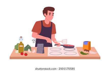 Hombre cocinando en casa. Carácter masculino que cocina platos sabrosos, preparando la comida en casa Ilustración vectorial plana. Escena de preparación de comida casera