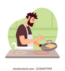 Hombre que cocina en casa Panqueques en la Ilustración vectorial de la sartén