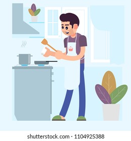 A man is cooking at home. Salt the dish. Flat style. Vector illustration.