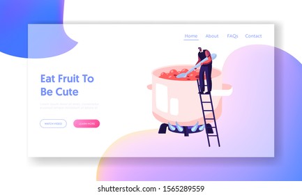 Man Cooking Homemade Fruit Jam or Marmalade Website Landing Page. Tiny Male Character Standing on Ladder at Huge Pan Stirring Sweet Boiling Water Web Page Banner. Cartoon Flat Vector Illustration