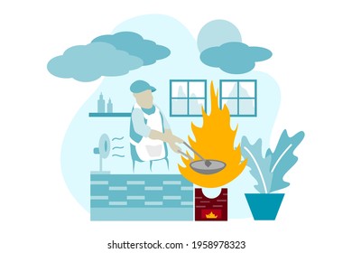 Man cooking the homemade happy meal, healthy food in the small kitchen when state quarantine concept vector illustration.