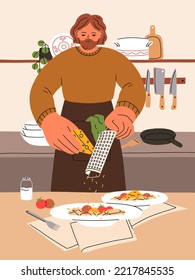 Man cooking homemade pasta for home dinner. Person prepares, cooks and serves Italian meal on plate at kitchen, grates cheese on vegetarian dish with vegetables, tomato. Flat vector illustration