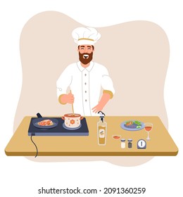 Man cooking in kitchen. Bearded chef male wearing toque stirring soup. Person wearing chefs hat preparing food. Man cooking at home. Cartoon vector illustration isolated on white.