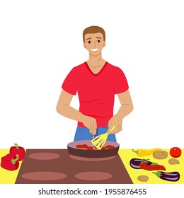 el hombre está cocinando. hombre en la cocina prepara verduras. comida casera. ilustración vectorial de stock aislada en fondo blanco.