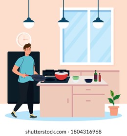 man cooking, in the kitchen scene vector illustration design