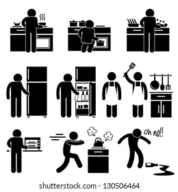 Man Cooking Kitchen Using Washing Equipment Stick Figure Pictogram Icon