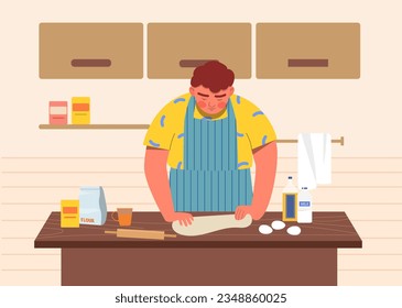 Cocina humana en concepto de vectores de cocina. Joven con masa y huevos. Preparación de comida casera y clase magistral. Tareas rutinarias y domésticas. Dibujo vectorial plano de dibujos animados