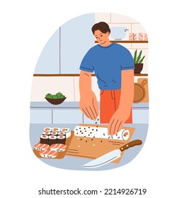 Man cooking, making sushi at home kitchen. Person cooks homemade Asian food, dish at table, preparing rice and fish roll, sprinkling with sesame. Flat vector illustration isolated on white background