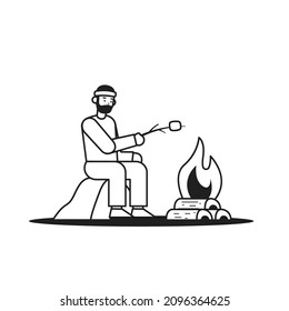 man cooking marshmallow on bonfire vector illustration, vector icon bonfire and camping.