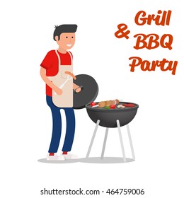 Man of cooking meat with a grill. Barbecue party. Vector  illustration.