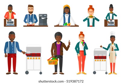 Man Cooking Meat On Gas Barbecue Grill And Drinking Beer. Man Preparing Food On Barbecue Grill. Man Having Outdoor Barbecue. Set Of Vector Flat Design Illustrations Isolated On White Background.