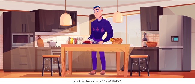 Hombre cocinando en el interior de la sala de cocina casera moderna con muebles, equipos y utensilios. Ilustración vectorial de dibujos animados del padre cortando salchichas y pan en la mesa y preparando el desayuno o la cena.