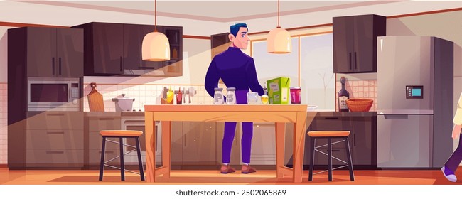 Hombre cocinando en cocina moderna. Ilustración de dibujos animados de Vector del personaje masculino que prepara la comida en casa, padre que hace la comida para la familia, ingredientes del desayuno, botella de aceite y paquetes de condimento en la mesa