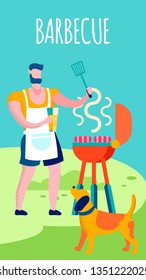 Man Cooking on BBQ Grill Flat Vector Illustration. Husband, Father Wearing Apron, Grilling Sausages. Boy and Dog Outdoors Cartoon Characters. Macho Preparing Snacks, Nosh for Picnic, Garden Party