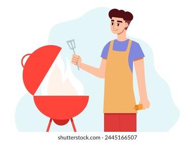 Man Cooking on Bbq Grill. Nature Picnic. Flat Cartoon Illustration.