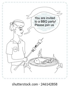 man cooking on his barbecue - funny doodle invitation