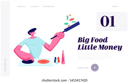 Man Cooking on Kitchen at Home Holding Pan with Food, Preparing Delicious Healthy Meal for Dating or Dinner Weekend Spare Time Website Landing Page, Web Page. Cartoon Flat Vector Illustration, Banner