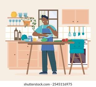 Man cooking on kitchen. Young guy salts plate of vegetables. Cook prepares salad from natural and organic products. Routine and household chores. Flat vector illustration