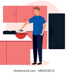 man cooking on scene kitchen with drawers, fridge and supplies vector illustration design